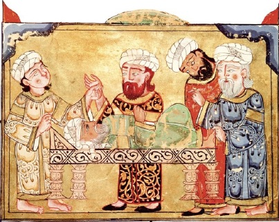 El médico visita a un paciente. Miniatura de un códice del siglo XIV perteneciente a las Maqamat, de al-Hariri. Escuela persa. Biblioteca Nacional, Viena